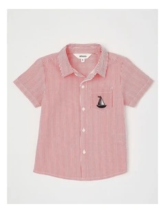 Short Sleeve Linen Shirt in Boat Red & White Stripe