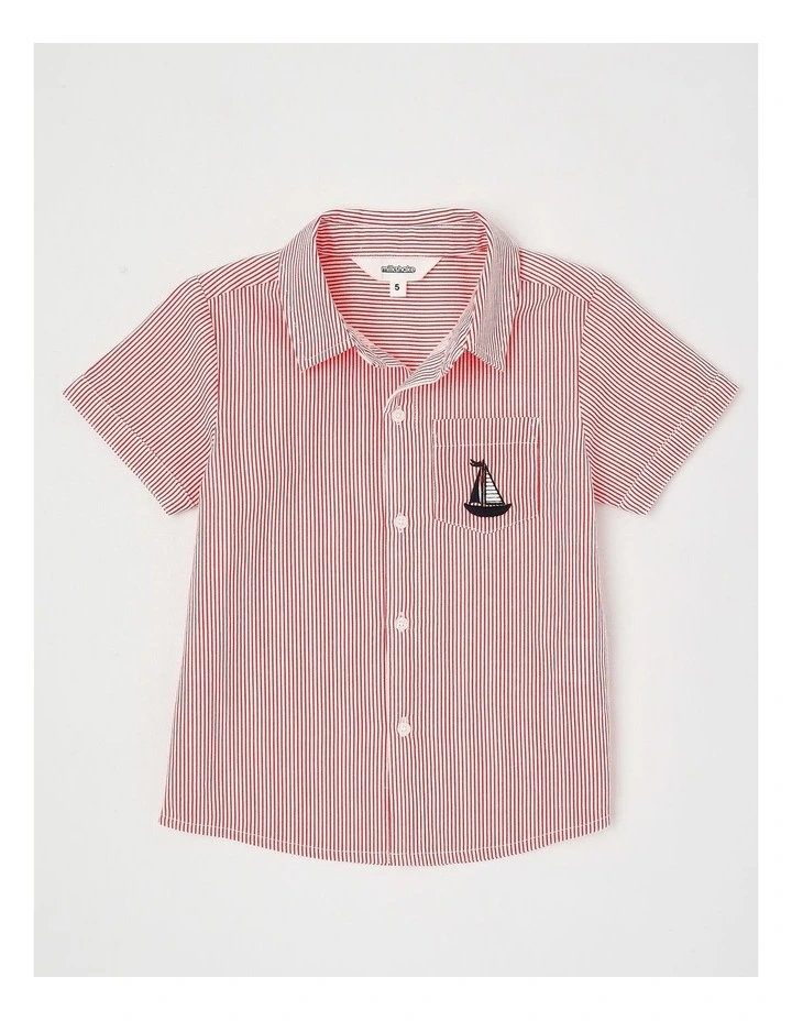 Short Sleeve Linen Shirt in Boat Red & White Stripe image 1