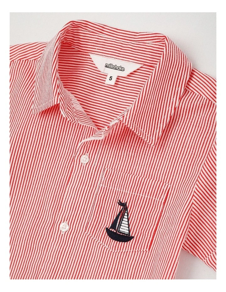 Short Sleeve Linen Shirt in Boat Red & White Stripe image 2