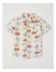 Short Sleeve Linen Shirt in Dino Print Multicolour