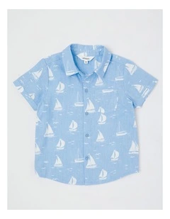 Short Sleeve Linen Shirt in Sailboat Blue