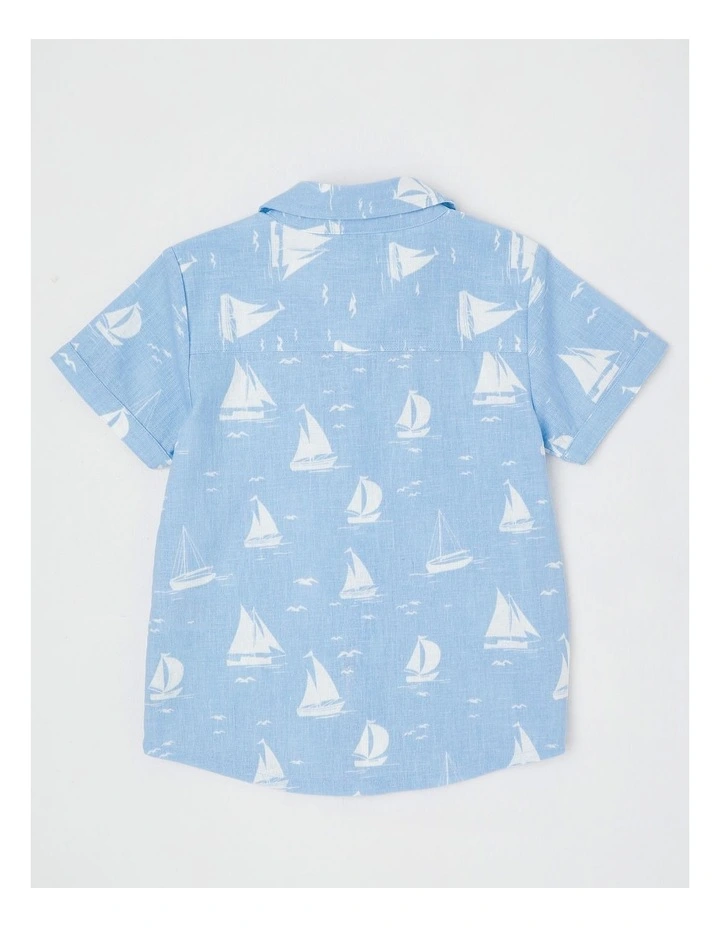 Short Sleeve Linen Shirt in Sailboat Blue image 3