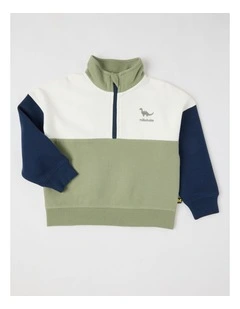 1/4 Zip Splice Sweat Top in Khaki & Navy & Ecru