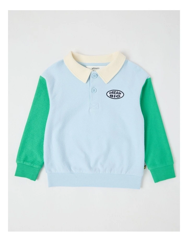 Long Sleeve Polo Sweat in Light Blue & Green image 1