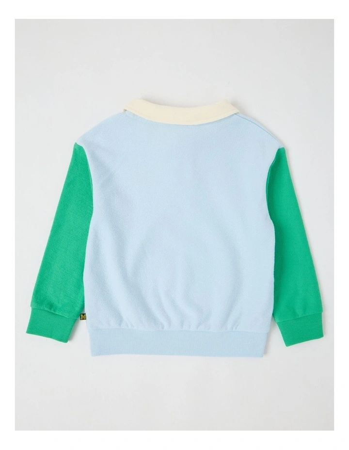 Long Sleeve Polo Sweat in Light Blue & Green image 3
