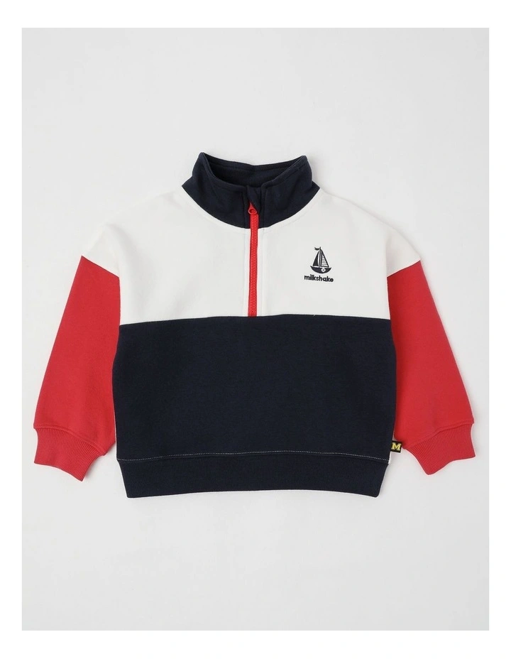 1/4 Zip Splice Sweat Top in White, Navy & Red image 1