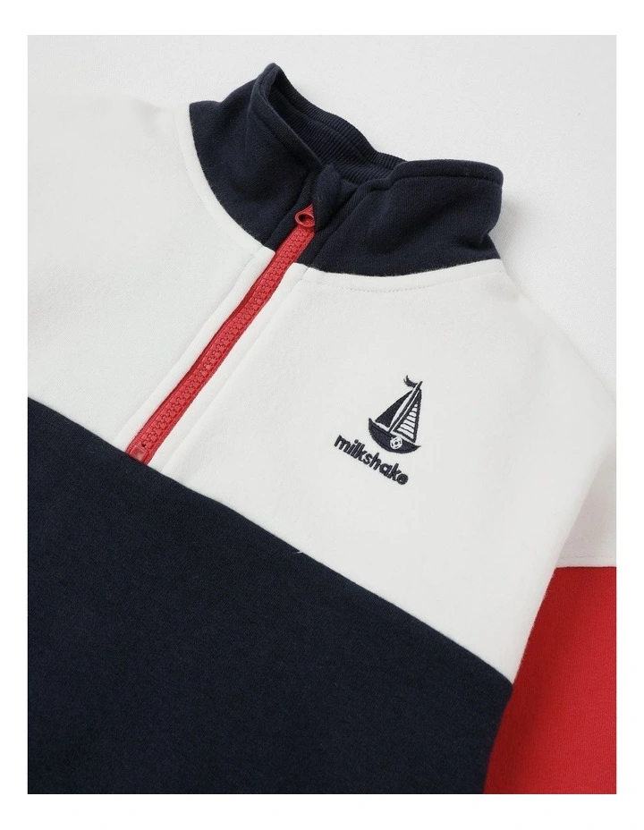 1/4 Zip Splice Sweat Top in White, Navy & Red image 2