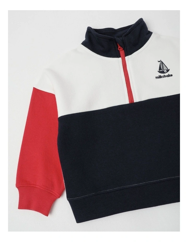 1/4 Zip Splice Sweat Top in White, Navy & Red image 4
