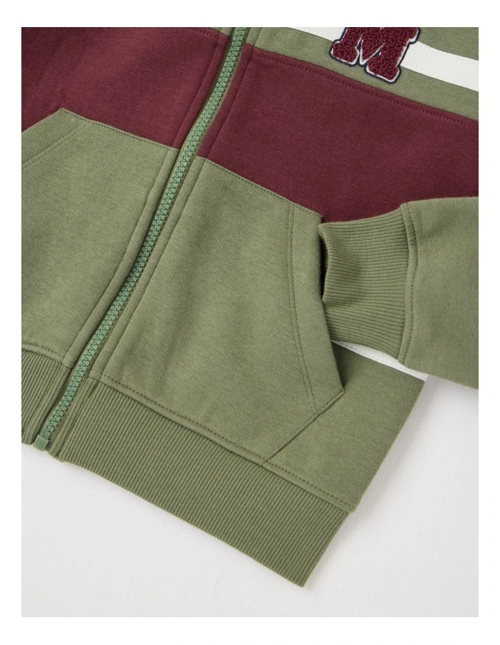 Fleece Zip Thru Splice Sweat Top in Khaki & Burgundy image 2