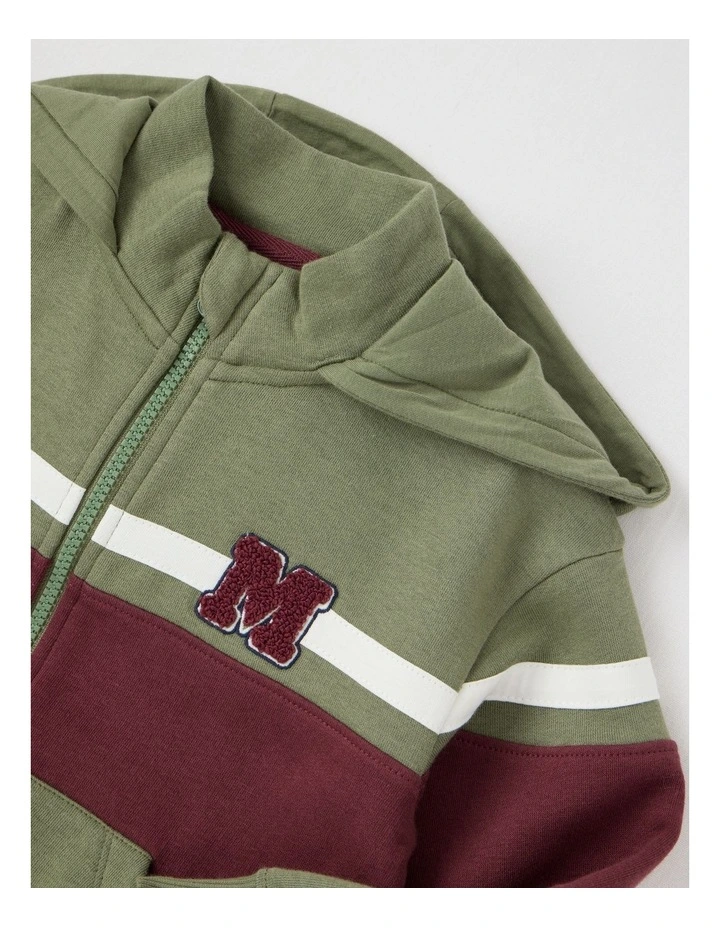 Fleece Zip Thru Splice Sweat Top in Khaki & Burgundy image 4