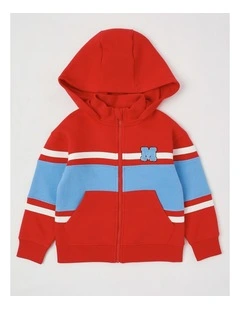Fleece Zip Thru Splice Sweat Top in Red & Blue