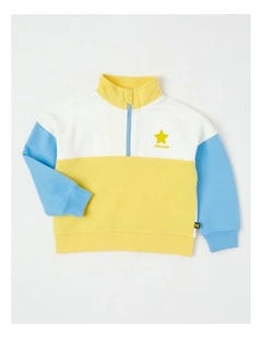 1/4 Zip Splice Sweat Top in Yellow, White & Blue