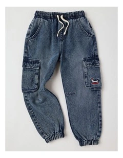 Denim Cargo Pull On Jean in Mid Denim