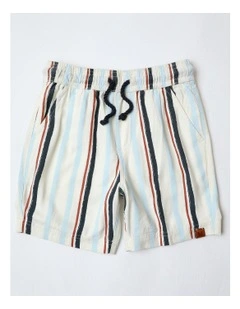 Linen Short in Blue and Brown Stripe