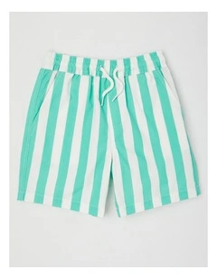 Woven Volley Short in Green/White Stripe