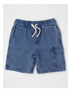 Pull On Cargo Short in Mid Denim