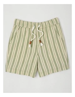 Woven Short with Drawcord in Khaki Ecru Stripe