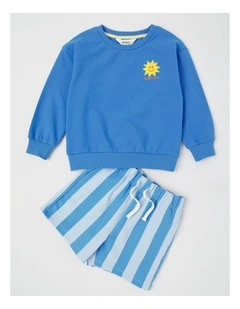 Long Sleeve Sweat Top & Short Set in Blue Stripe