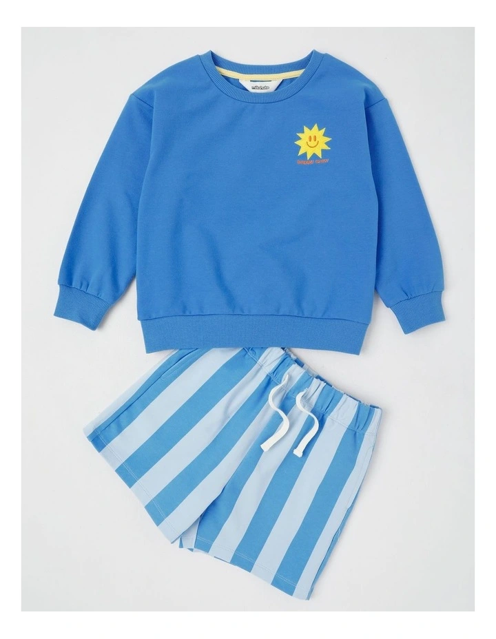 Long Sleeve Sweat Top & Short Set in Blue Stripe image 1