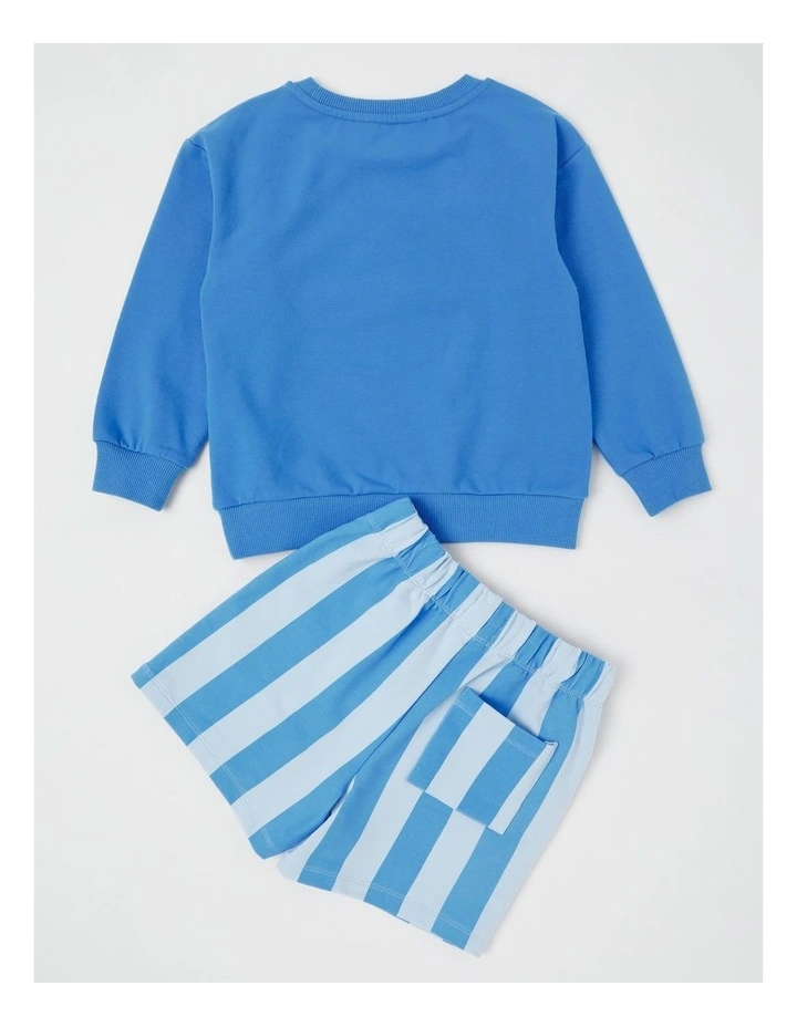 Long Sleeve Sweat Top & Short Set in Blue Stripe image 3