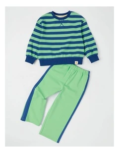 Long Sleeve Sweat Top & Pant Set in Green Stripe