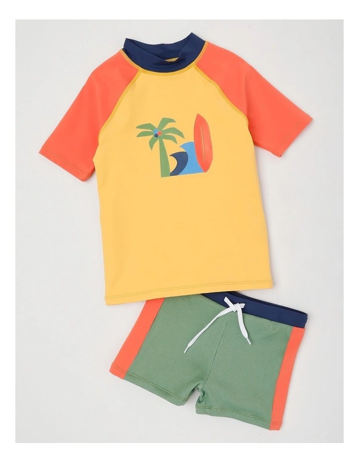 Short Sleeve Rashvest& Rib Short Set in Beach Print/ Yellow & Red & Khaki image 1
