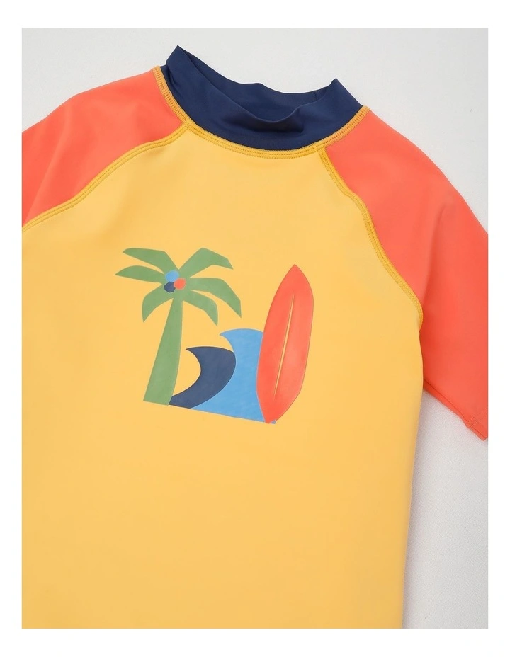 Short Sleeve Rashvest& Rib Short Set in Beach Print/ Yellow & Red & Khaki image 2