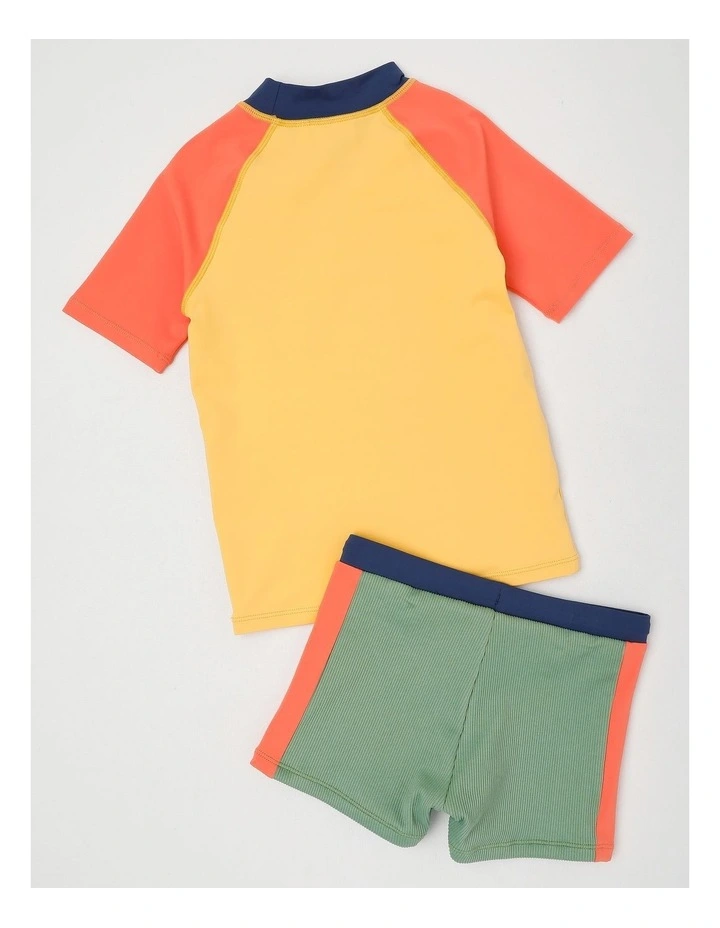 Short Sleeve Rashvest& Rib Short Set in Beach Print/ Yellow & Red & Khaki image 3