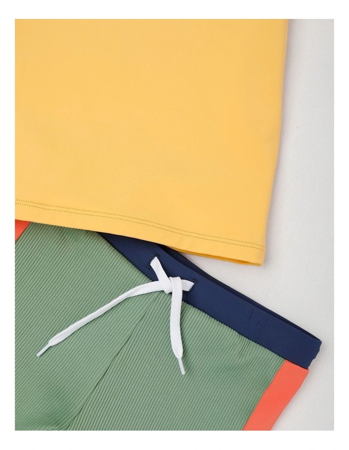 Short Sleeve Rashvest& Rib Short Set in Beach Print/ Yellow & Red & Khaki image 4