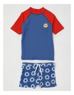 Recycled Short Sleeve Rashvest & Short Set in Sun Print/Navy & Red