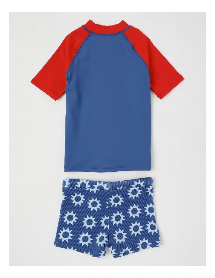Recycled Short Sleeve Rashvest & Short Set in Sun Print/Navy & Red image 3