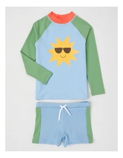 Recycled Long Sleeve Rashvest & Rib Short Set in Sunshine/Blue & Green