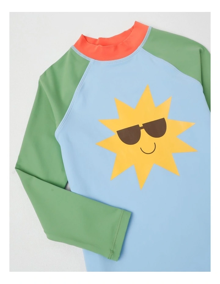 Recycled Long Sleeve Rashvest & Rib Short Set in Sunshine/Blue & Green image 2