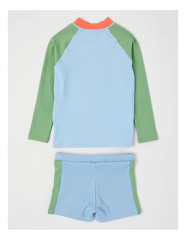 Recycled Long Sleeve Rashvest & Rib Short Set in Sunshine/Blue & Green image 3