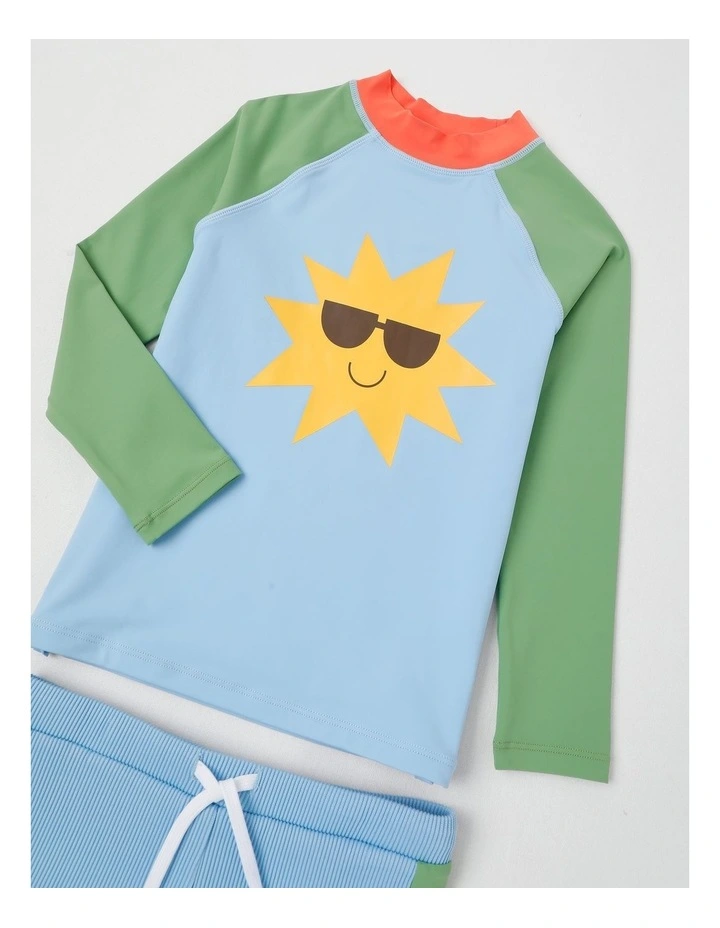 Recycled Long Sleeve Rashvest & Rib Short Set in Sunshine/Blue & Green image 5