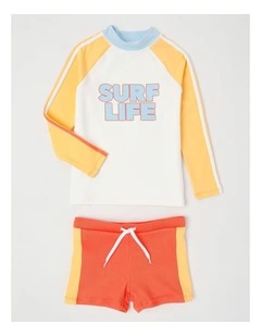 Recycled Long Sleeve Rashvest & Rib Short Set in Surf Life/ Yellow & Washed Red