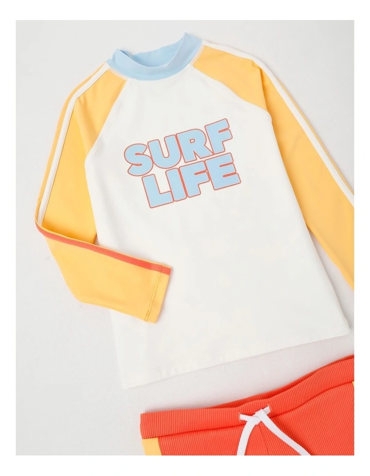 Recycled Long Sleeve Rashvest & Rib Short Set in Surf Life/ Yellow & Washed Red image 2