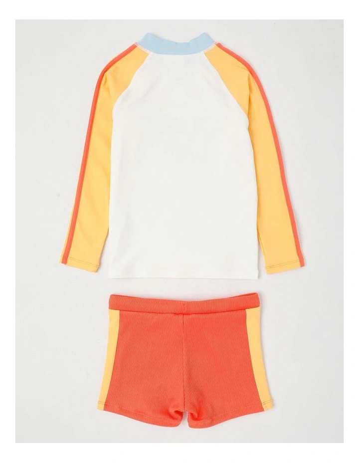 Recycled Long Sleeve Rashvest & Rib Short Set in Surf Life/ Yellow & Washed Red image 3