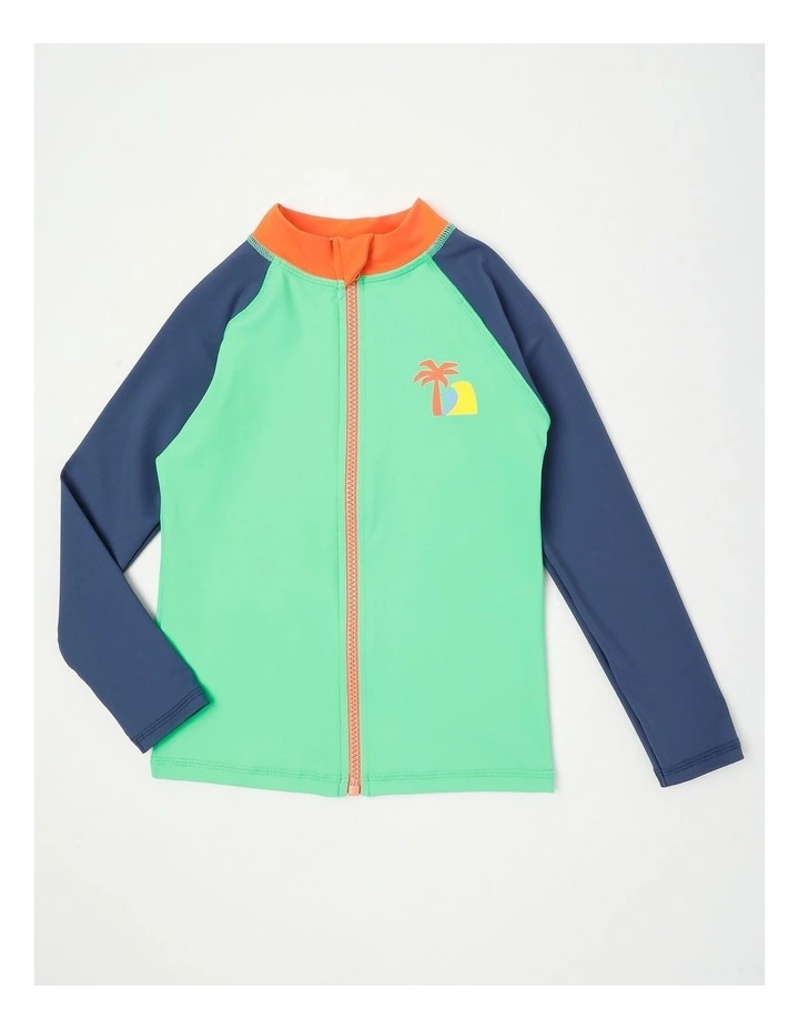 Recycled Long Sleeve Zip Thru Rashvest in Green & Navy image 1