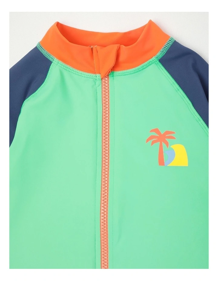 Recycled Long Sleeve Zip Thru Rashvest in Green & Navy image 2