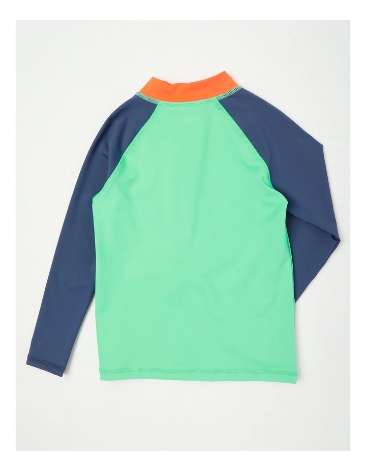 Recycled Long Sleeve Zip Thru Rashvest in Green & Navy image 3
