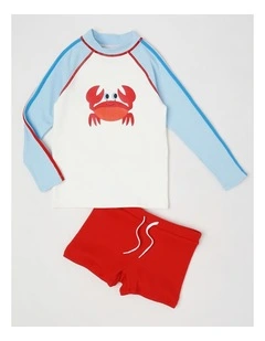 Recycled Long Sleeve Rashvest & Rib Short Set in Light Blue & Red