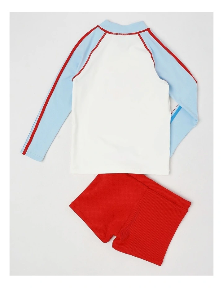 Recycled Long Sleeve Rashvest & Rib Short Set in Light Blue & Red image 3