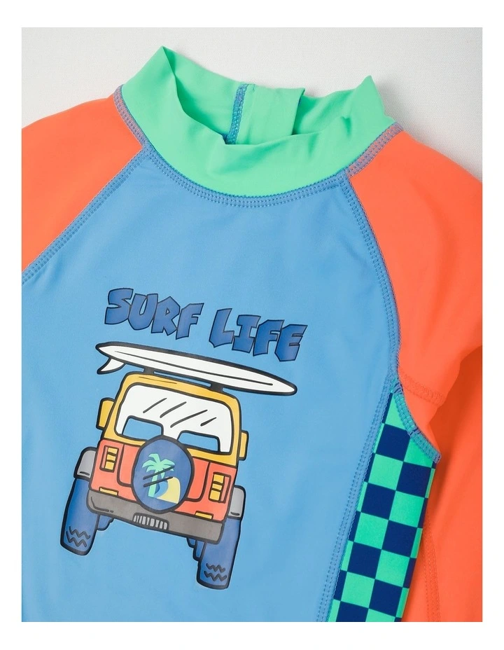 Recycled Long Sleeve Swimsuit in Surf Life Truck Blue & Red image 1