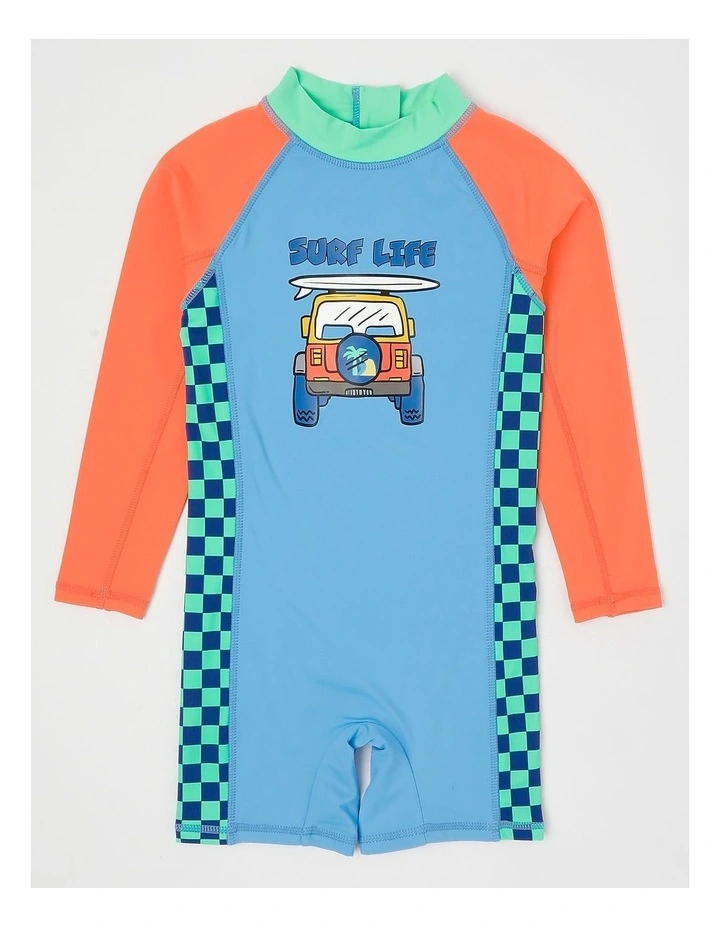 Recycled Long Sleeve Swimsuit in Surf Life Truck Blue & Red image 2