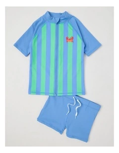 Recycled Short Sleeve Zip Through Rashvest & Short Set in Blue & Green Stripe