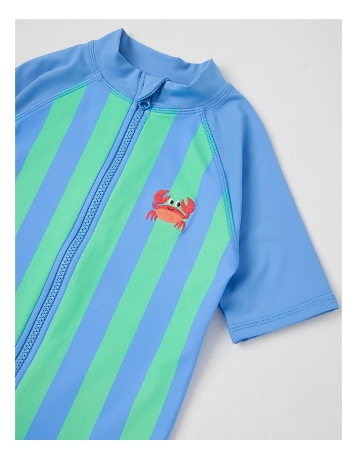 Recycled Short Sleeve Zip Through Rashvest & Short Set in Blue & Green Stripe image 2