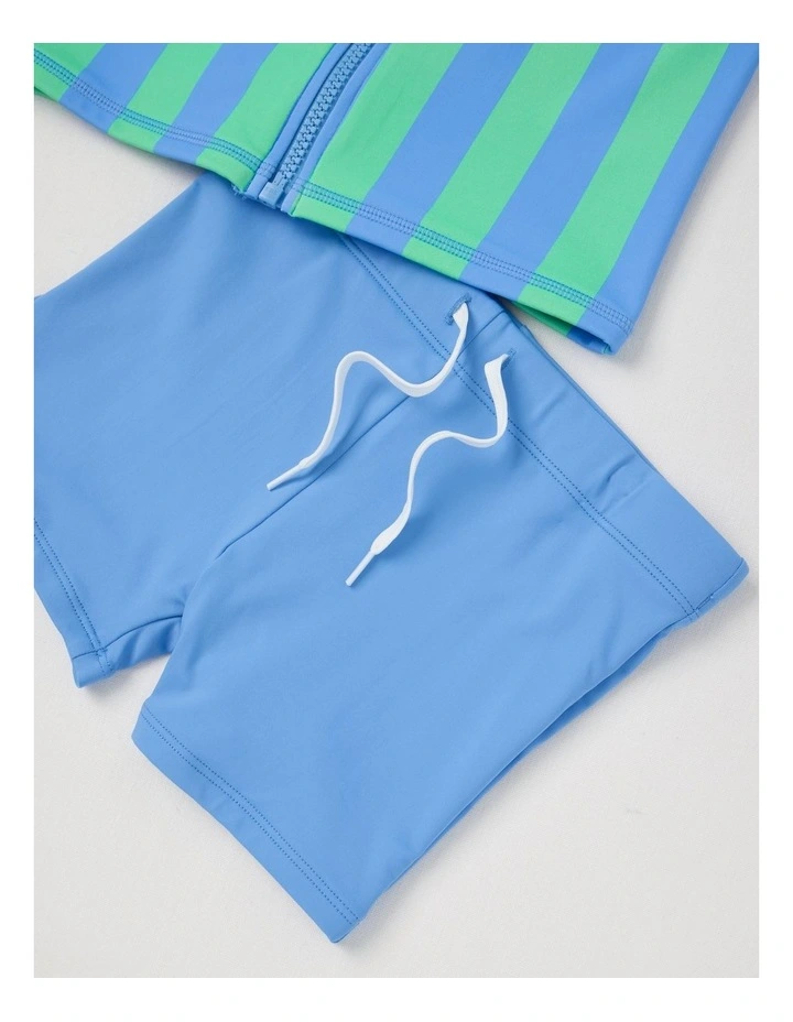 Recycled Short Sleeve Zip Through Rashvest & Short Set in Blue & Green Stripe image 3