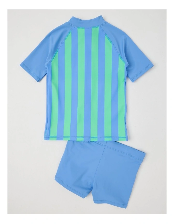 Recycled Short Sleeve Zip Through Rashvest & Short Set in Blue & Green Stripe image 4