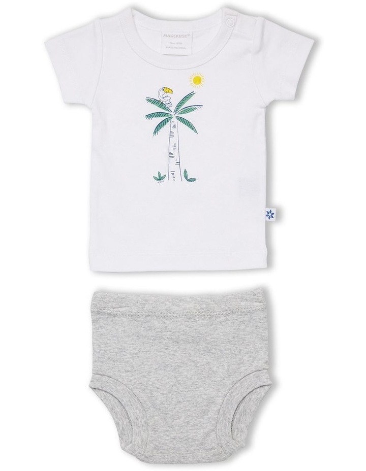 Palm Tree T-shirt And Nappy Pant Set in White/Grey Marle Assorted